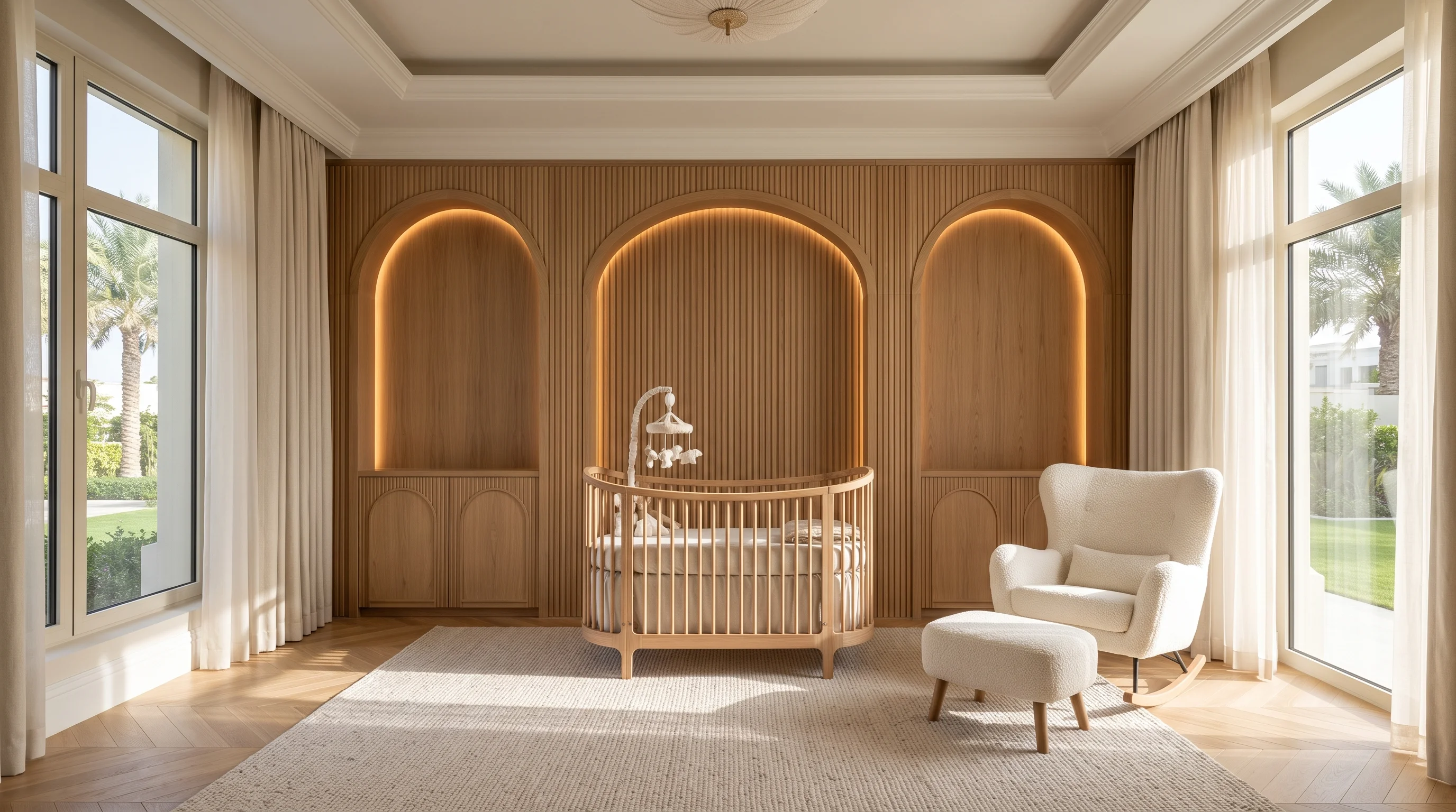 Sovereign estate nursery suite with custom nursing alcove in Al Rayyan